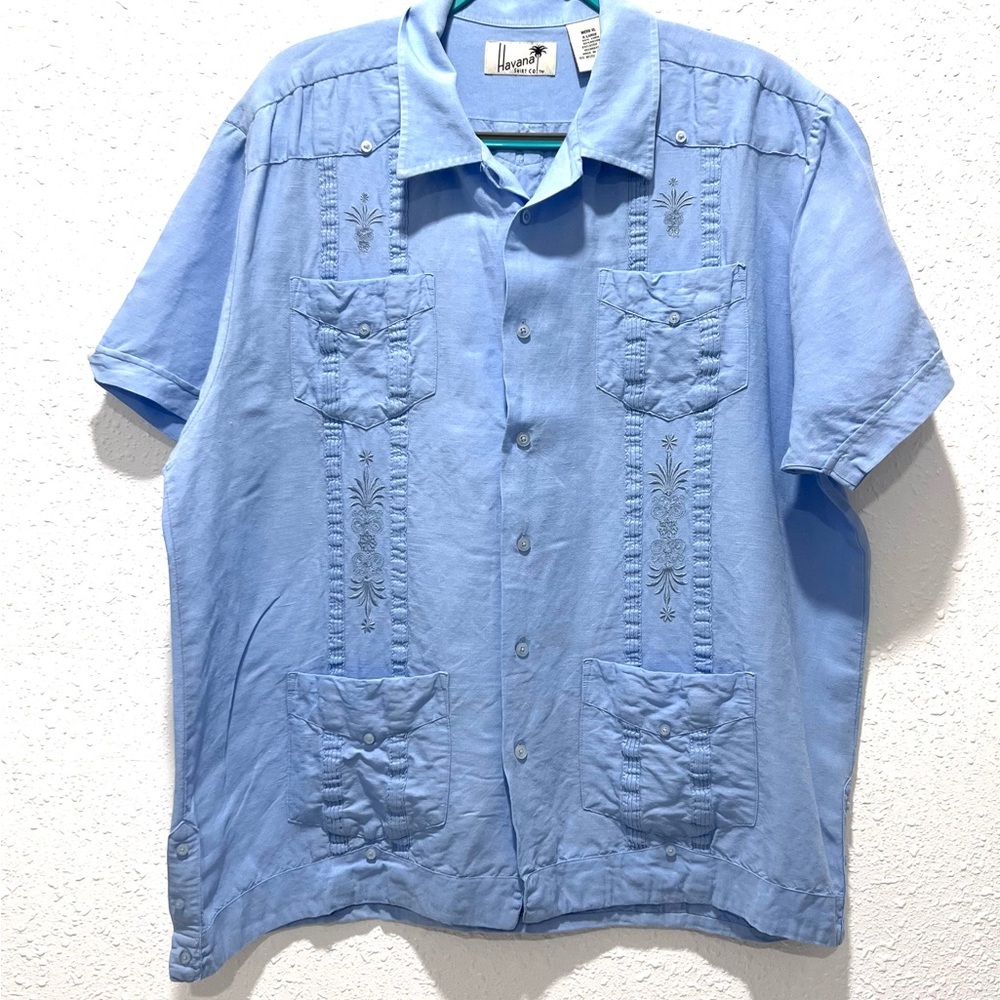 Havana‎ Blue guayabera Casual Button Down Shirt XL